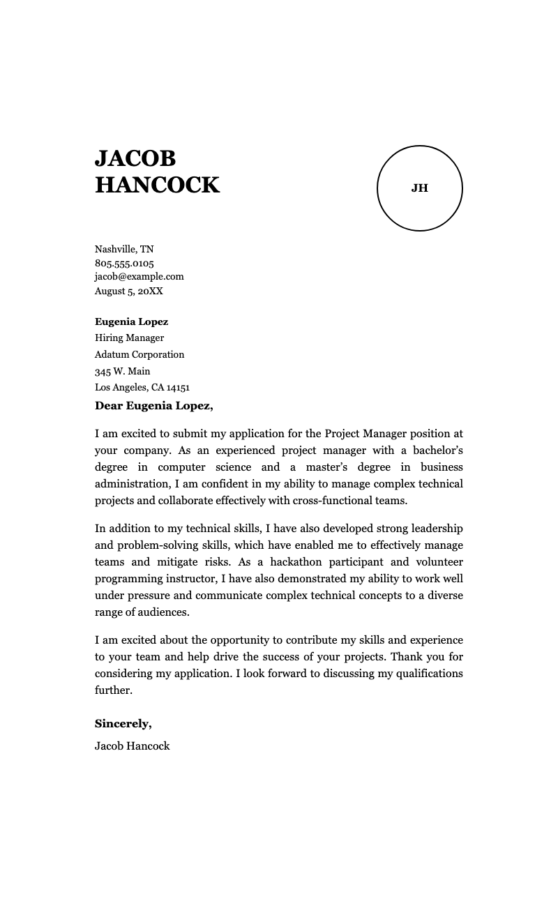 Project management cover letter - Elegant serif cover letter template with circular monogram header, perfect for professional job applications.